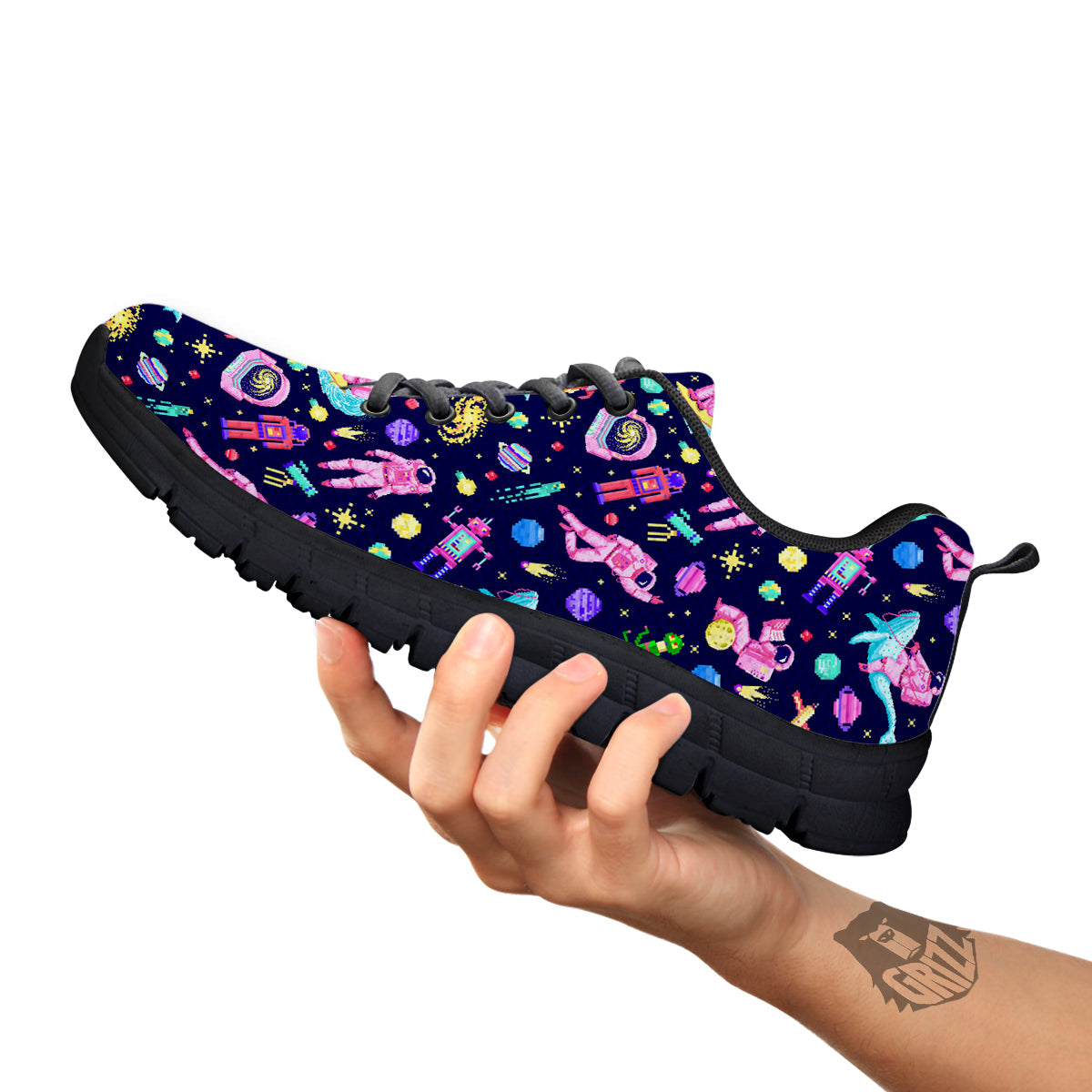 Space Astronaut 8 Bit Print Pattern Black Sneaker-grizzshop