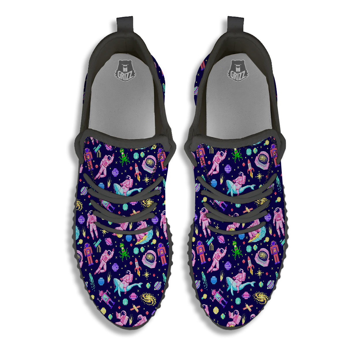 Space Astronaut 8 Bit Print Pattern Black Walking Shoes-grizzshop