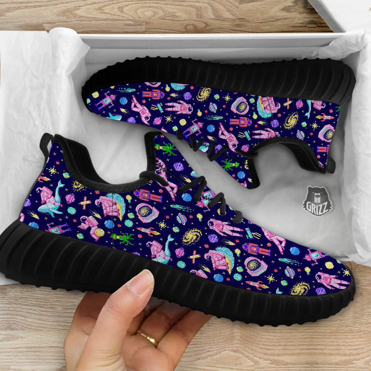 Space Astronaut 8 Bit Print Pattern Black Walking Shoes-grizzshop
