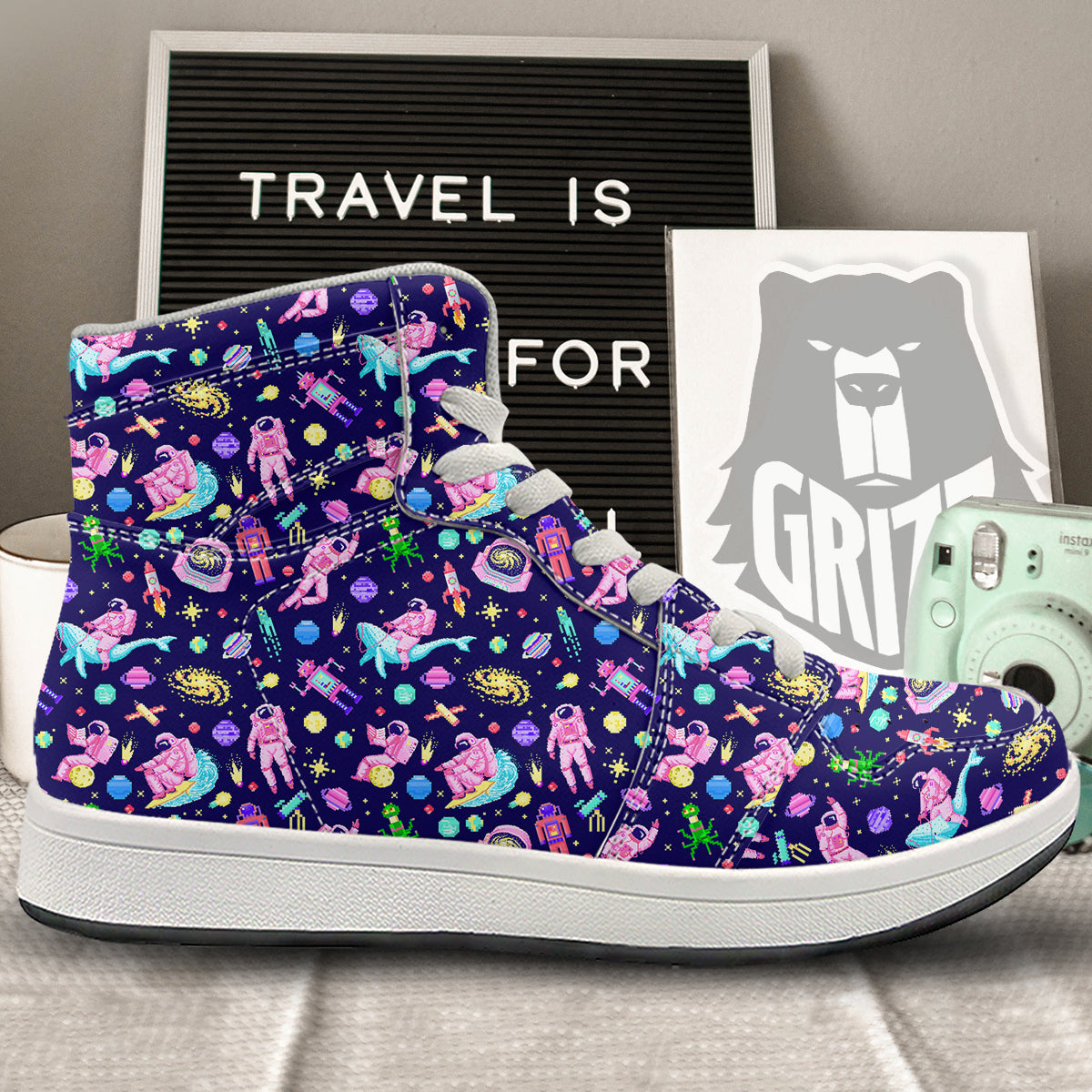 Space Astronaut 8 Bit Print Pattern High Top Sneakers-grizzshop
