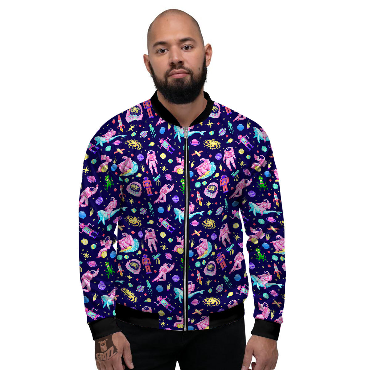Space Astronaut 8 Bit Print Pattern Men's Bomber Jacket-grizzshop