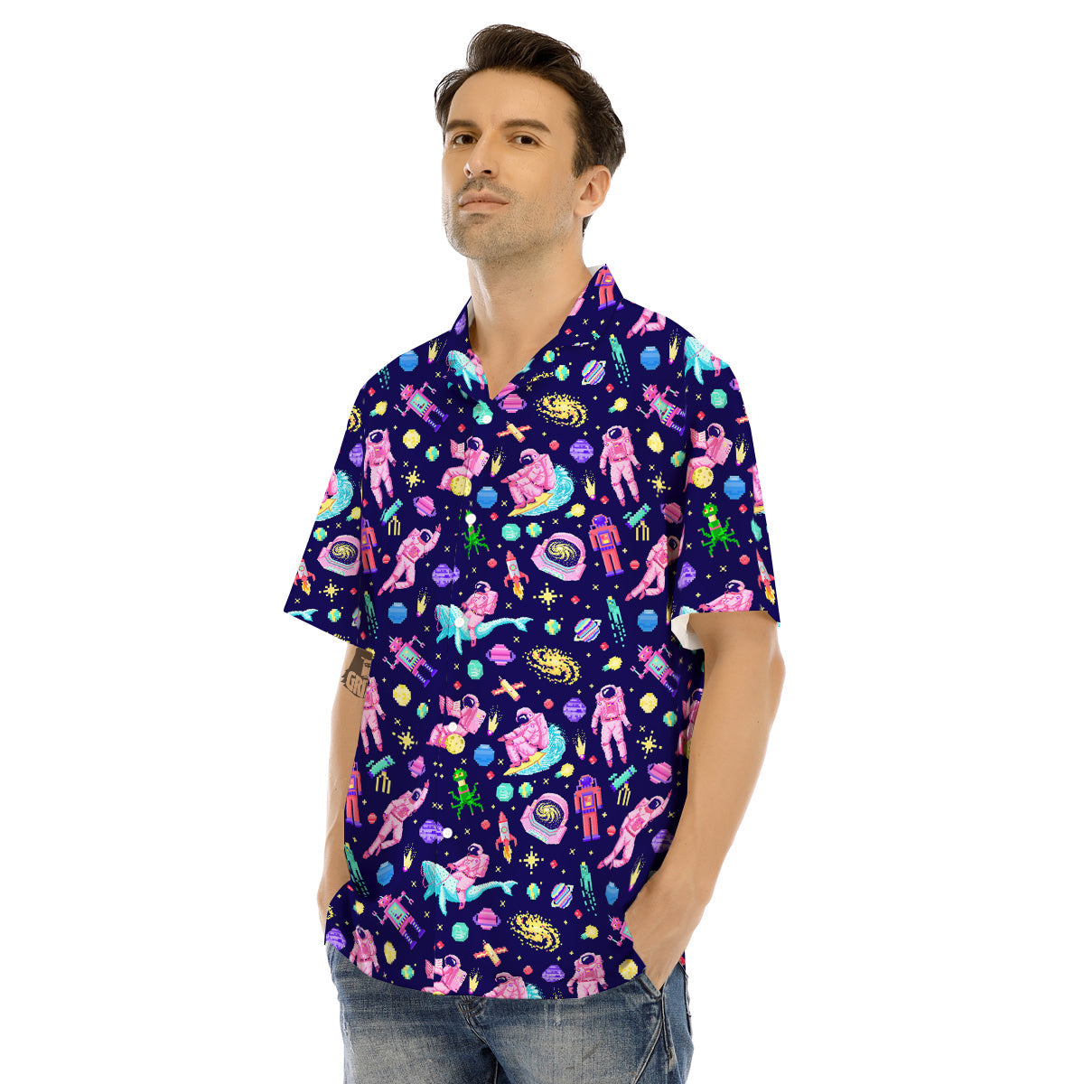 Space Astronaut 8 Bit Print Pattern Men's Hawaiian Shirt-grizzshop