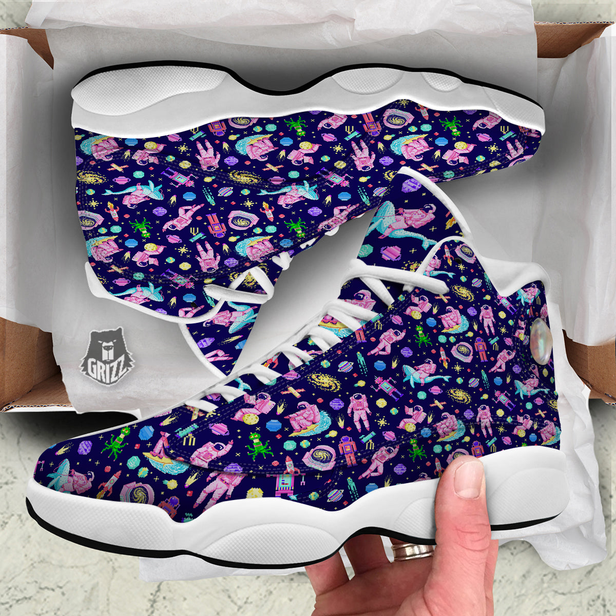 Space Astronaut 8 Bit Print Pattern White Basketball Shoes-grizzshop