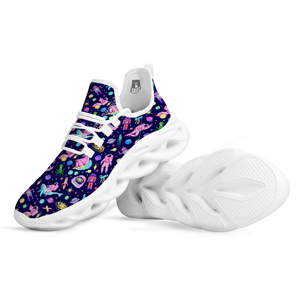 Space Astronaut 8 Bit Print Pattern White Running Shoes-grizzshop