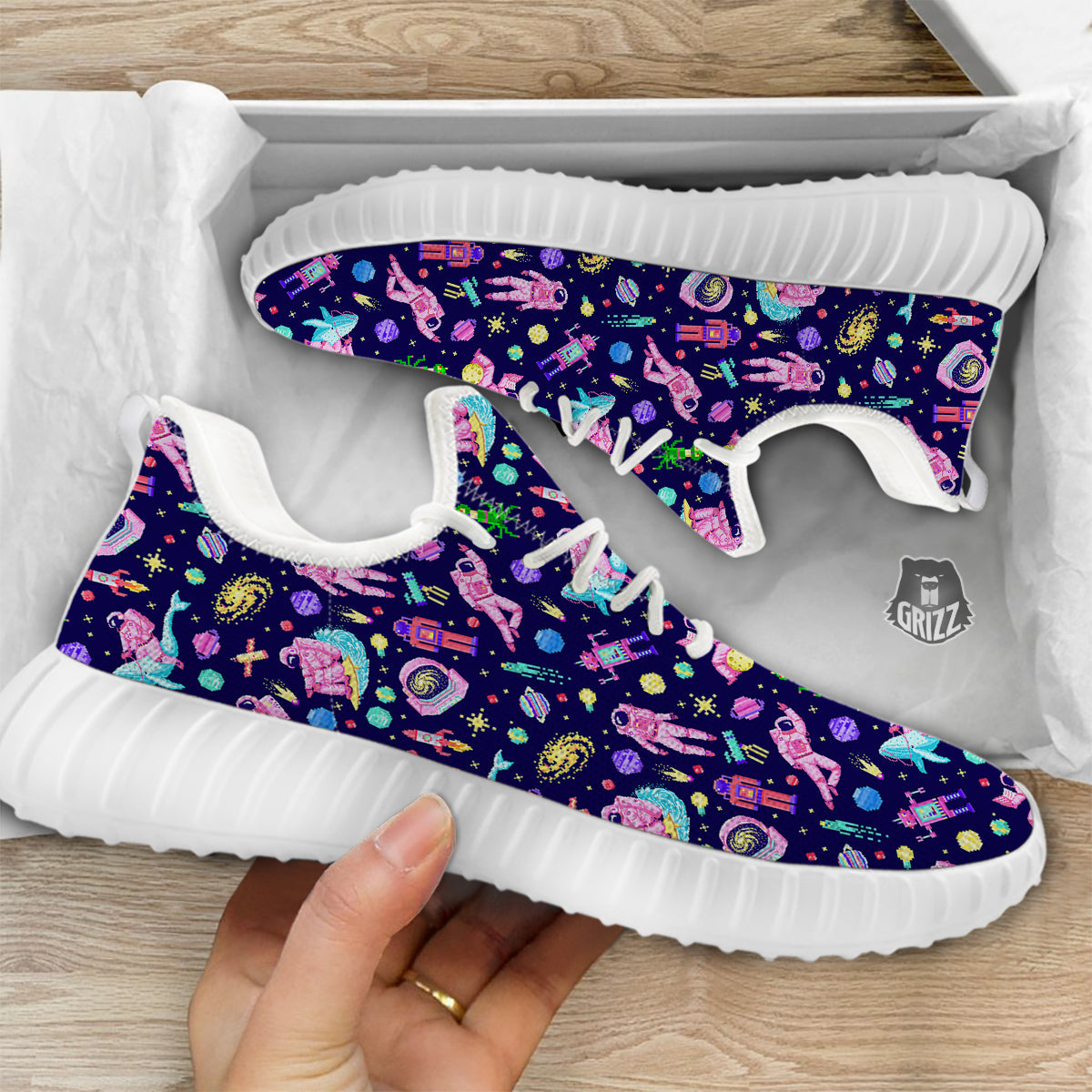 Space Astronaut 8 Bit Print Pattern White Walking Shoes-grizzshop