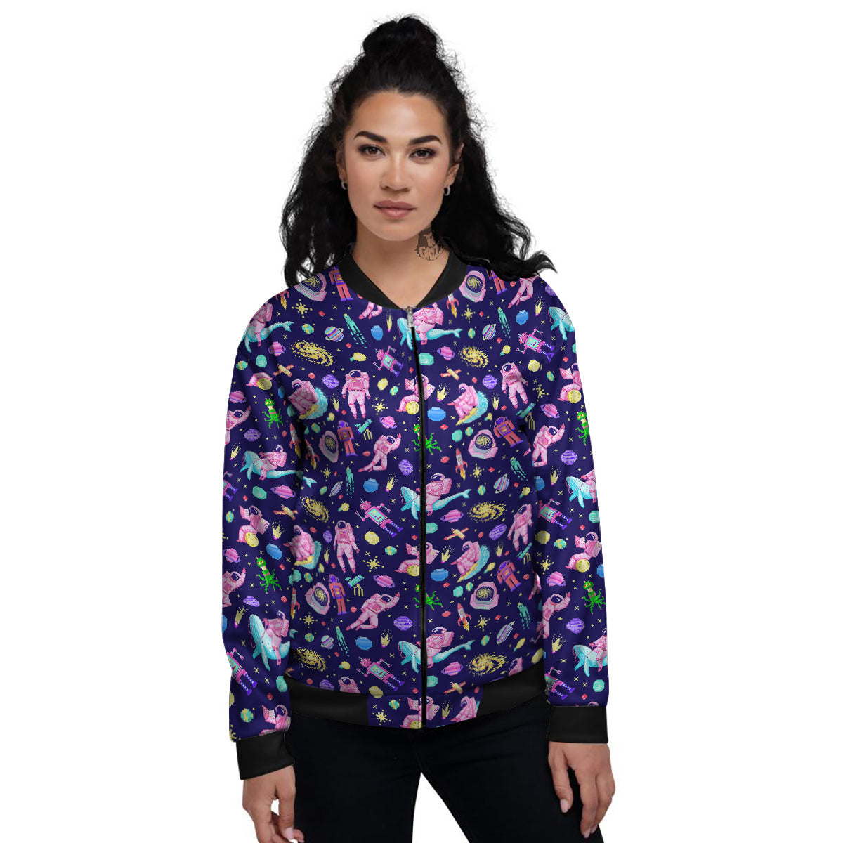 Space Astronaut 8 Bit Print Pattern Women's Bomber Jacket-grizzshop