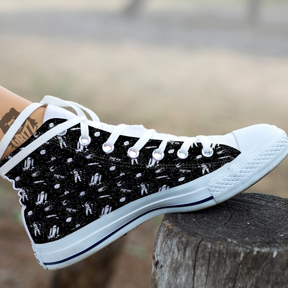 Space Astronaut Black Print Pattern White High Top Shoes-grizzshop