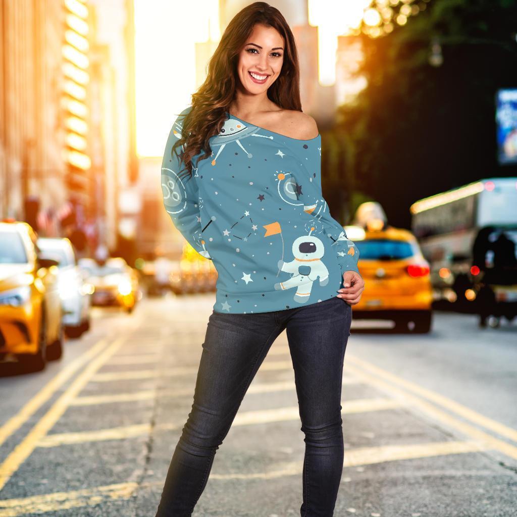 Space Astronaut Pattern Print Women Off Shoulder Sweatshirt-grizzshop