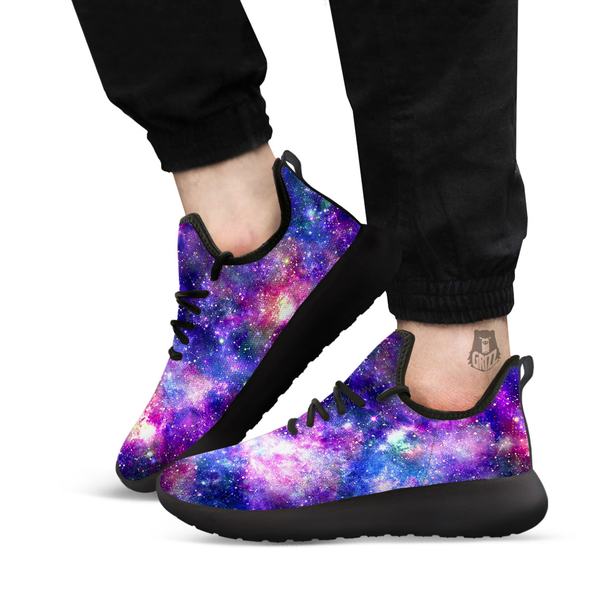 Space Blue Starfield Purple Galaxy Print Black Athletic Shoes-grizzshop