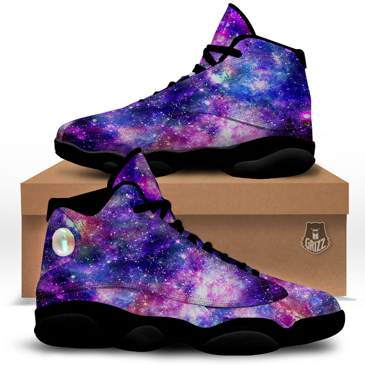 Space Blue Starfield Purple Galaxy Print Black Basketball Shoes-grizzshop