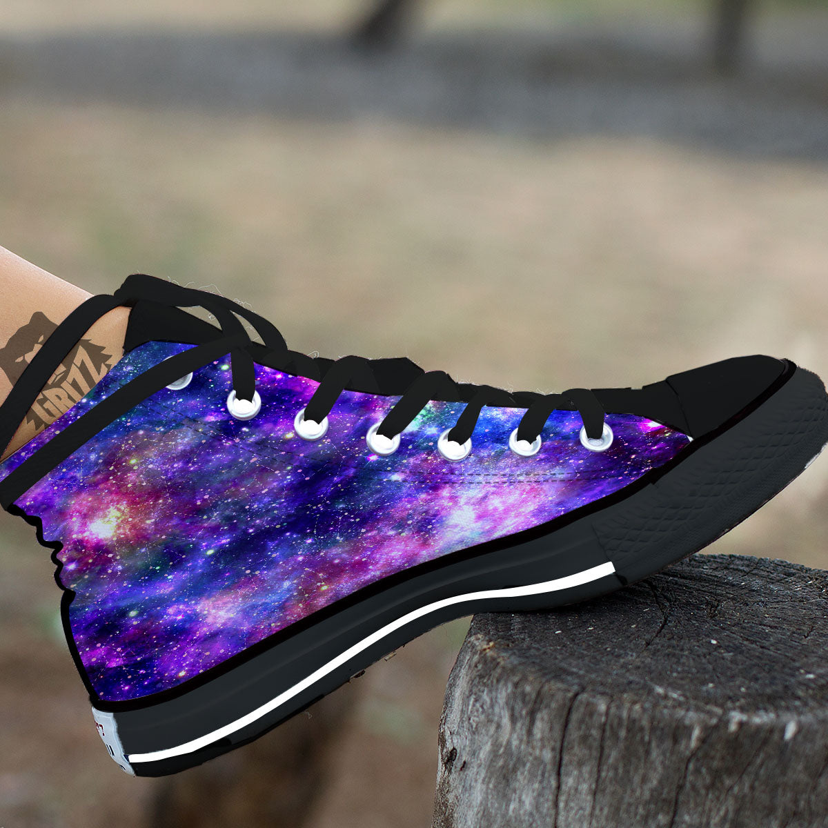Space Blue Starfield Purple Galaxy Print Black High Top Shoes-grizzshop