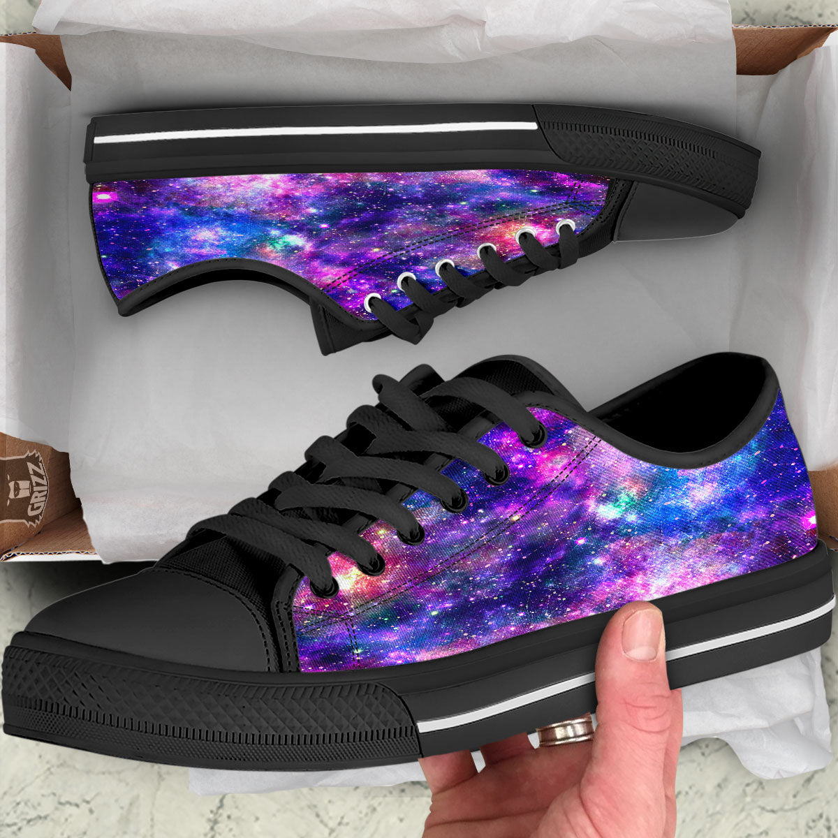 Space Blue Starfield Purple Galaxy Print Black Low Top Shoes-grizzshop