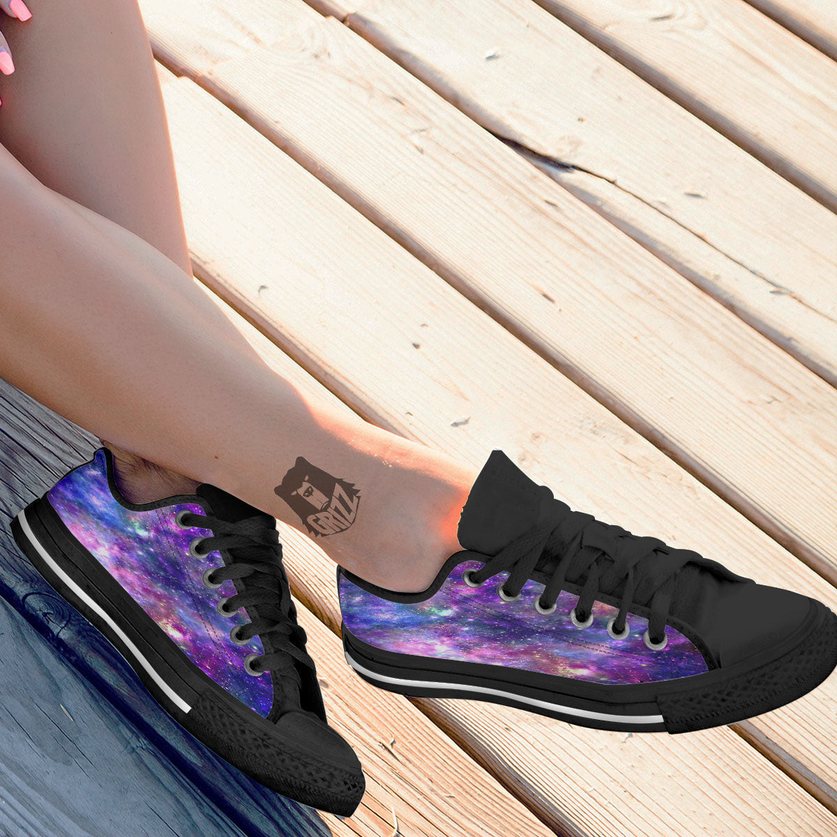 Space Blue Starfield Purple Galaxy Print Black Low Top Shoes-grizzshop