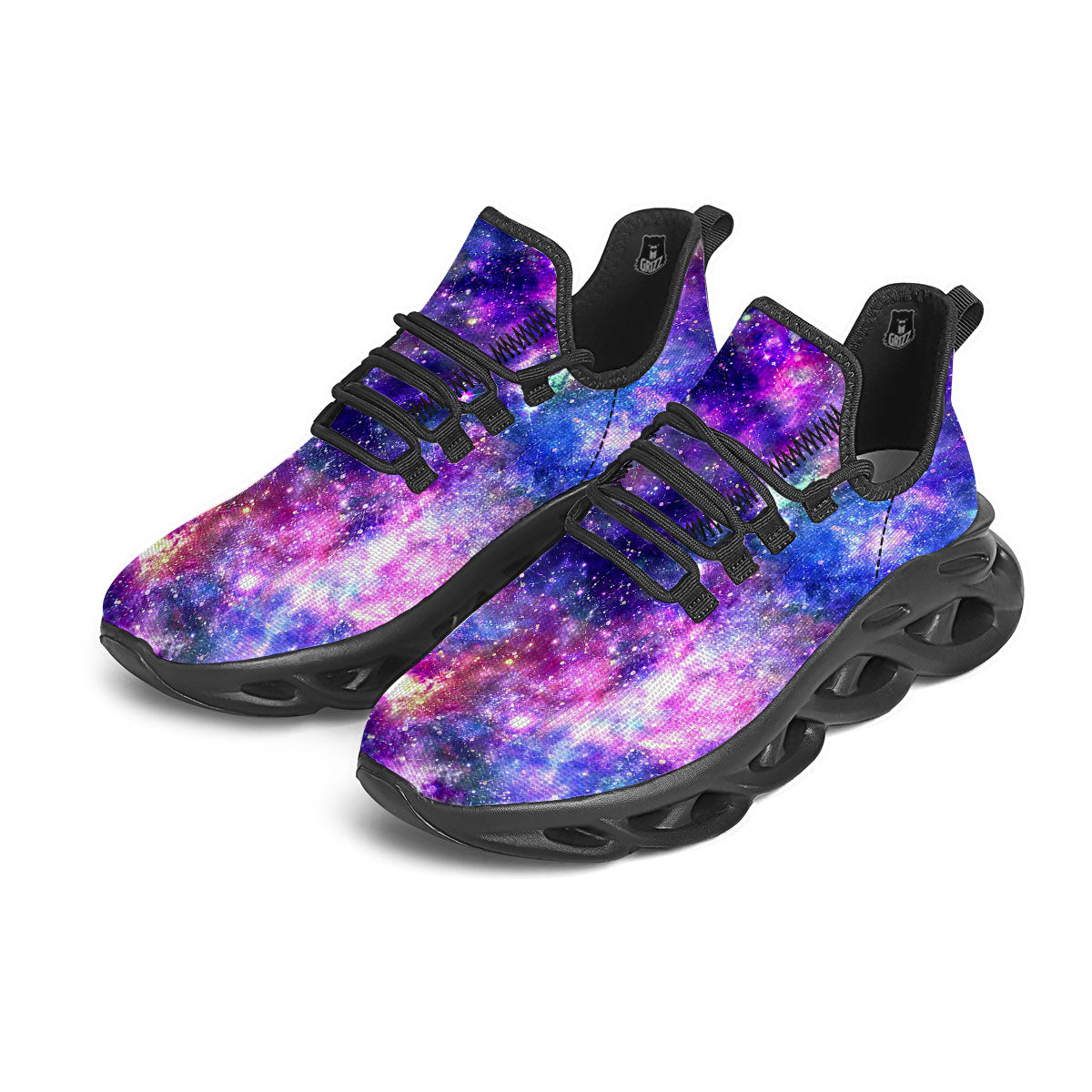 Space Blue Starfield Purple Galaxy Print Black Running Shoes-grizzshop