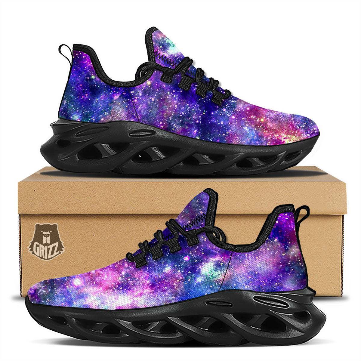 Space Blue Starfield Purple Galaxy Print Black Running Shoes-grizzshop