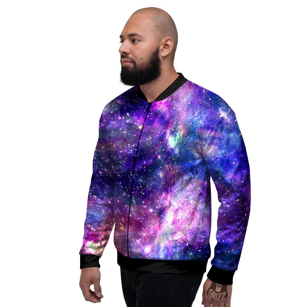 Space Blue Starfield Purple Galaxy Print Men's Bomber Jacket-grizzshop