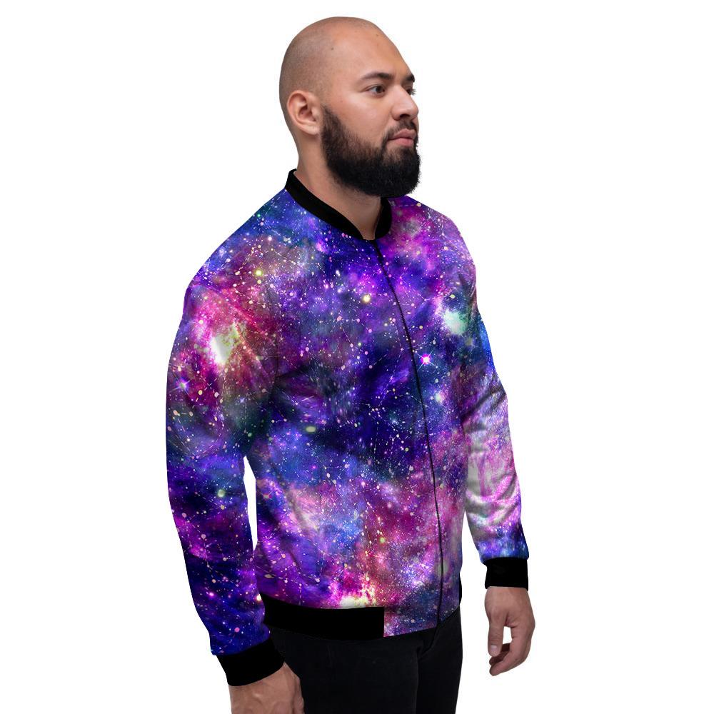 Space Blue Starfield Purple Galaxy Print Men's Bomber Jacket-grizzshop