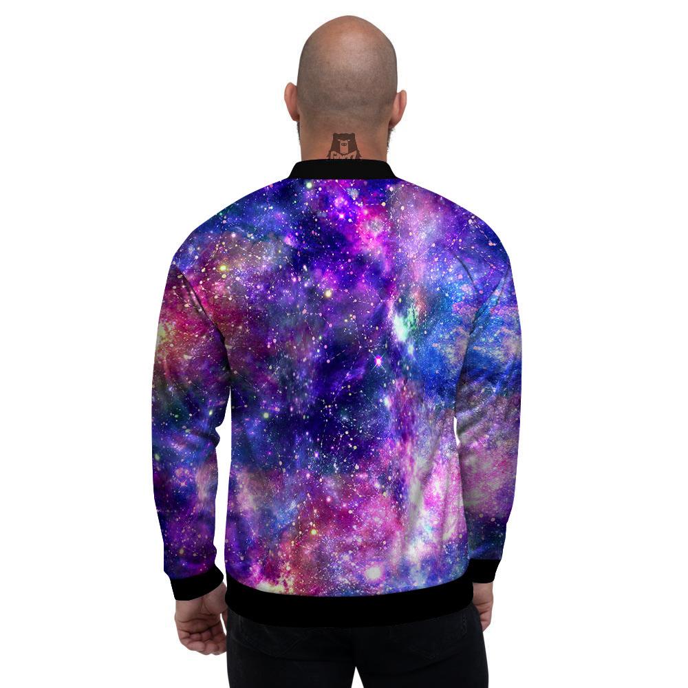 Space Blue Starfield Purple Galaxy Print Men's Bomber Jacket-grizzshop