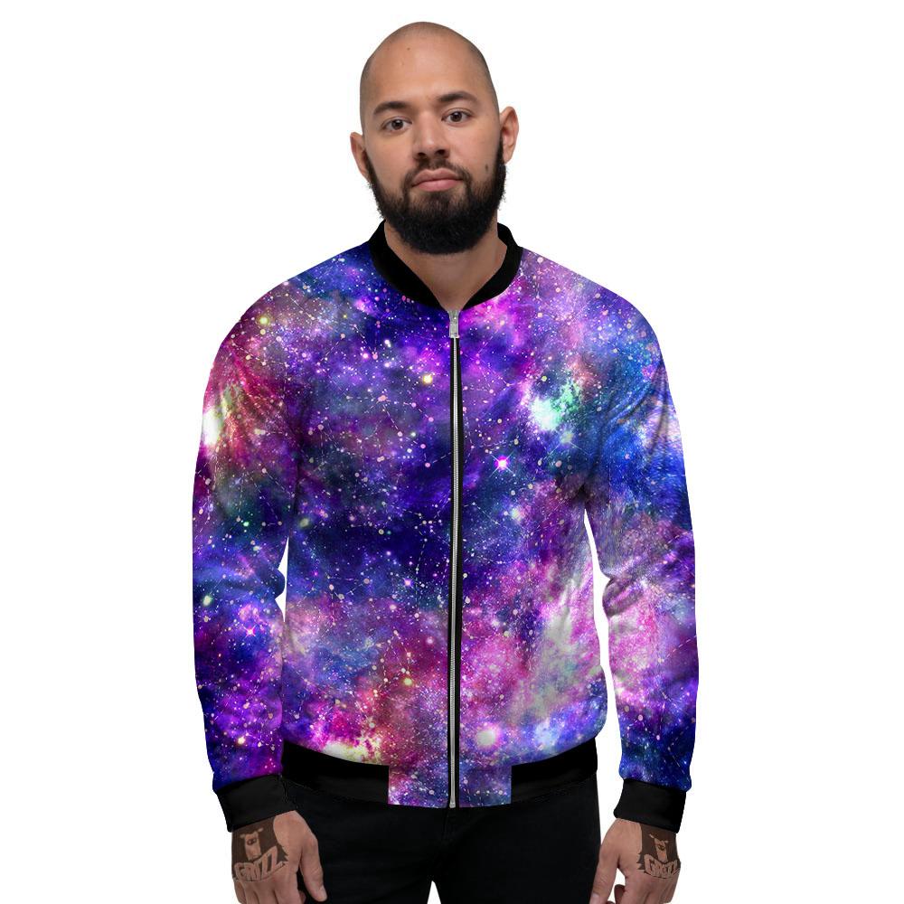 Space Blue Starfield Purple Galaxy Print Men's Bomber Jacket-grizzshop