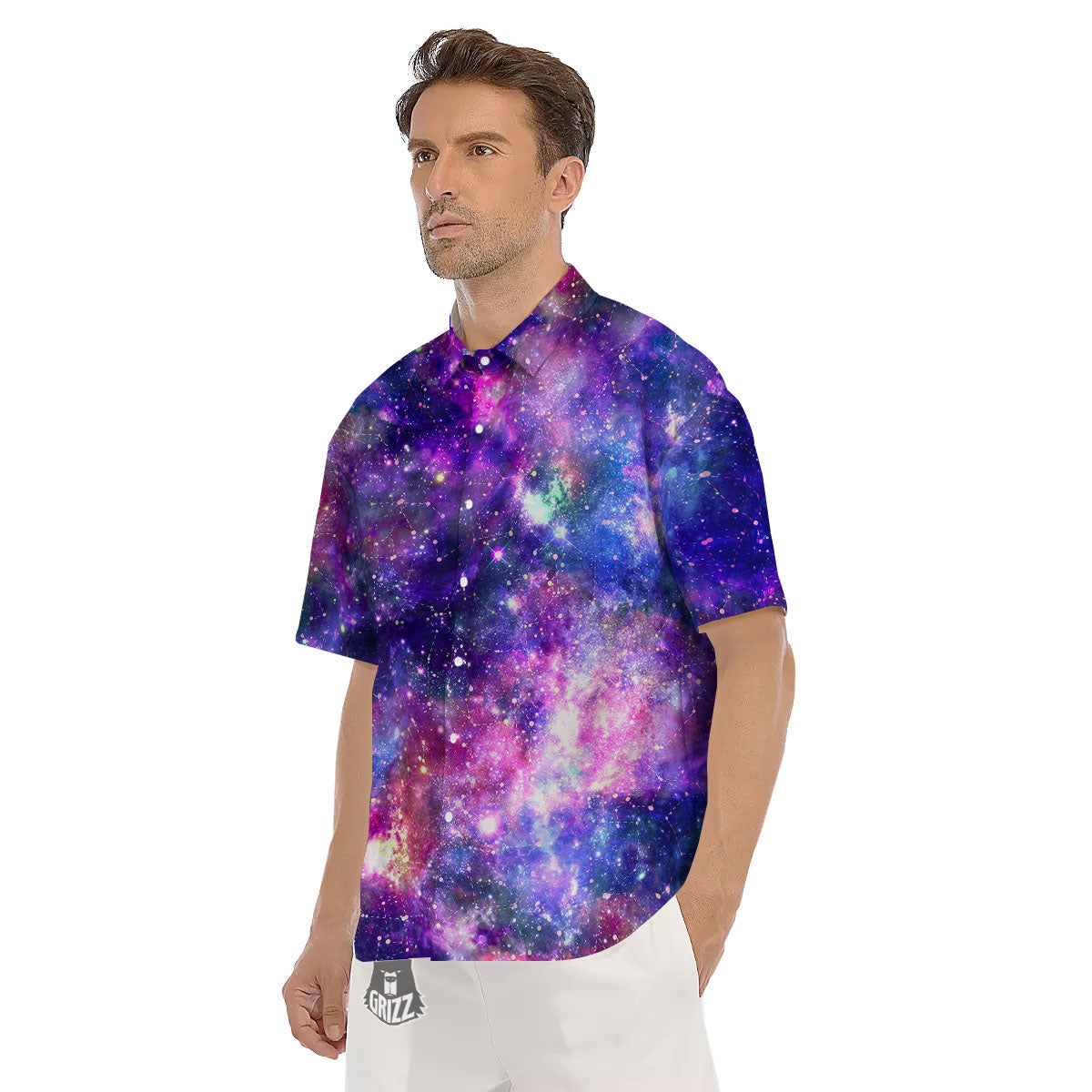 Space Blue Starfield Purple Galaxy Print Men's Short Sleeve Shirts-grizzshop