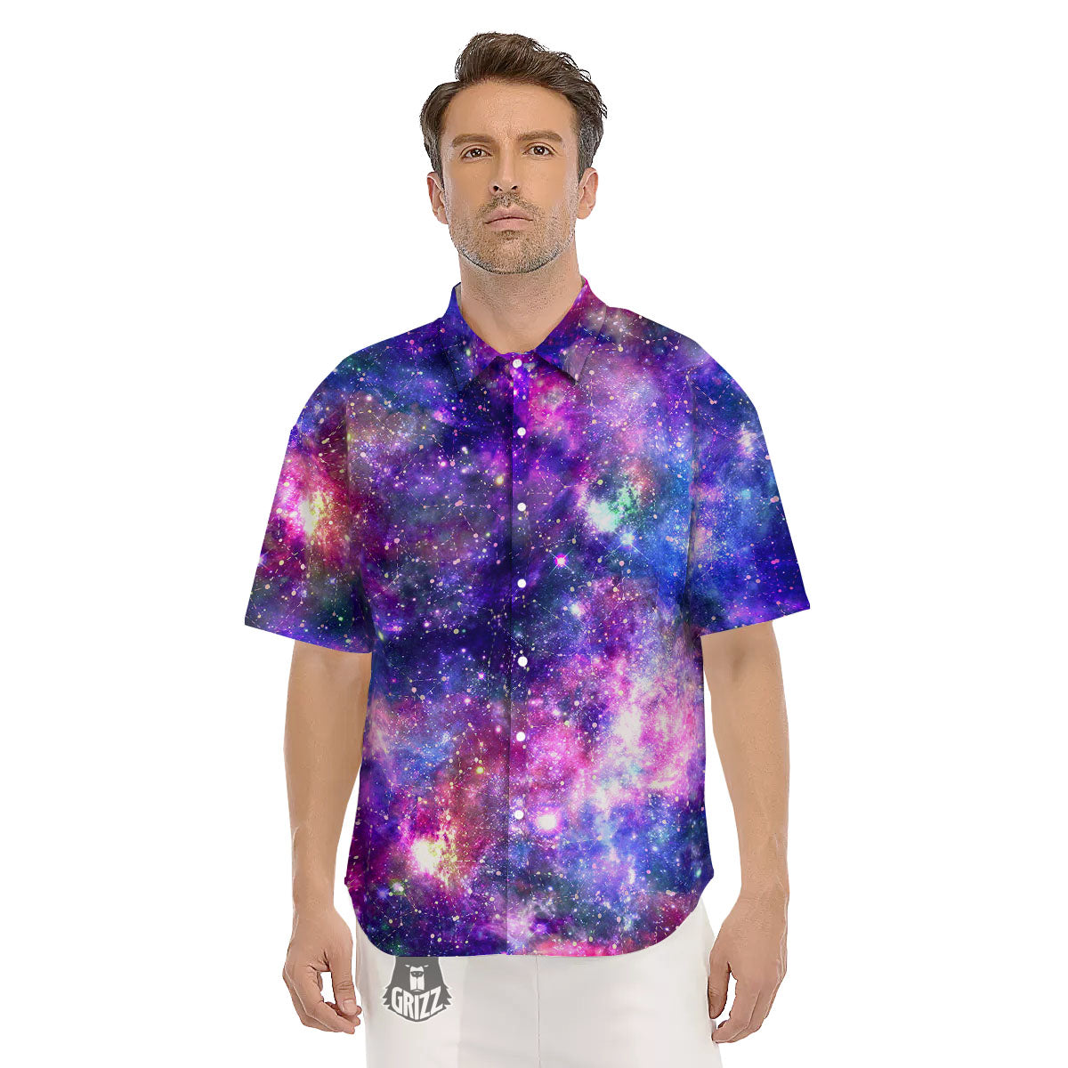 Space Blue Starfield Purple Galaxy Print Men's Short Sleeve Shirts-grizzshop