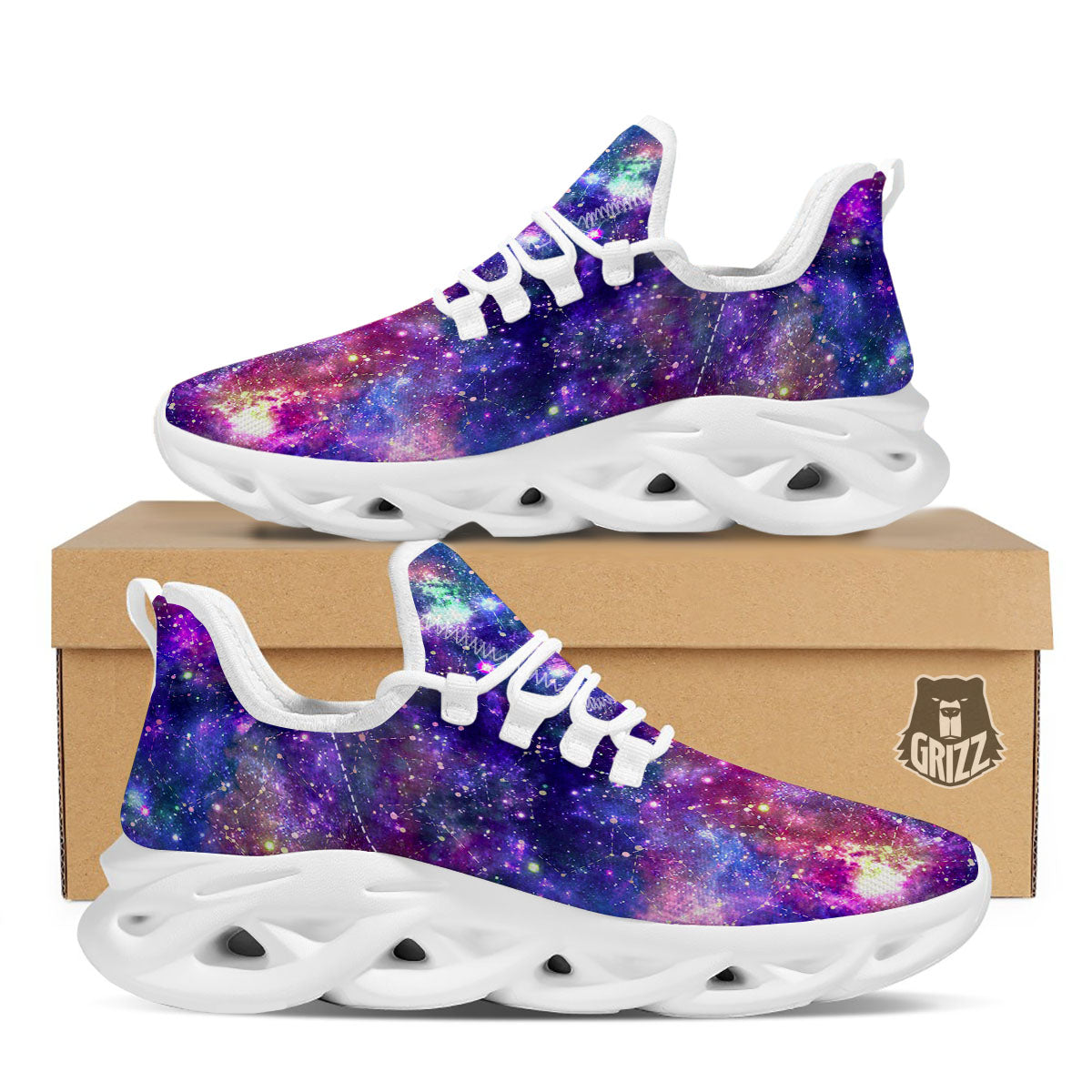 Space Blue Starfield Purple Galaxy Print White Running Shoes-grizzshop