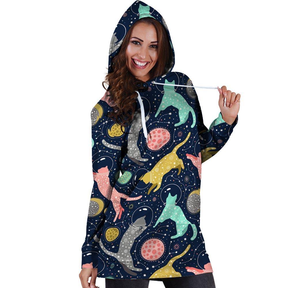 Space Cat Print Hoodie Dress-grizzshop