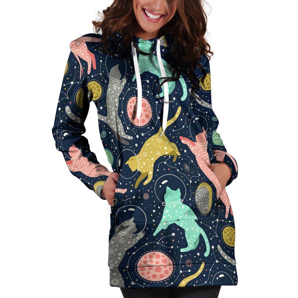 Space Cat Print Hoodie Dress-grizzshop