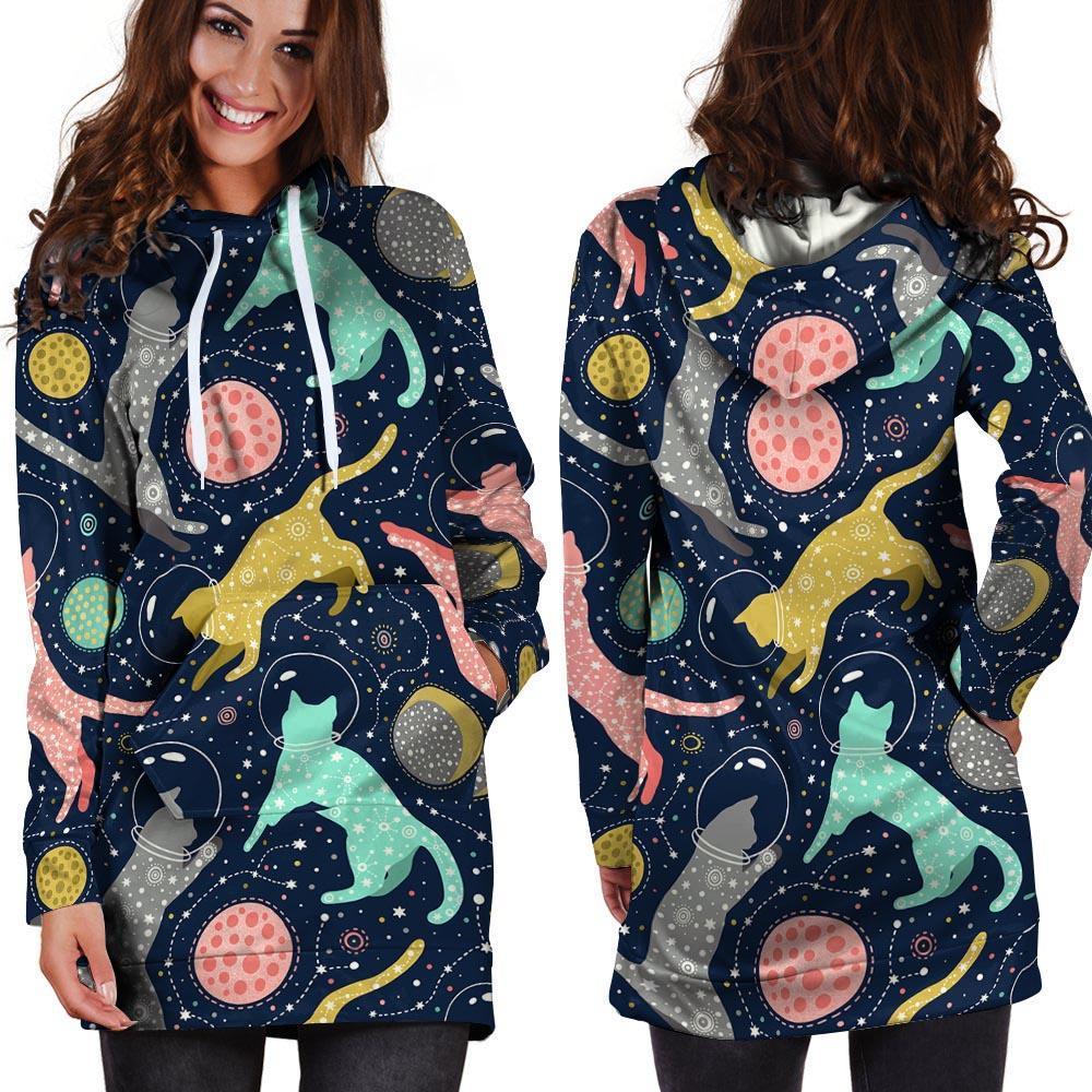 Space Cat Print Hoodie Dress-grizzshop