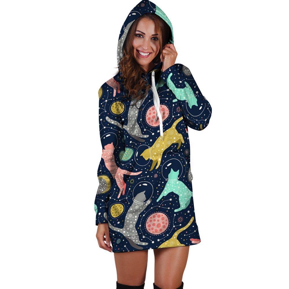 Space Cat Print Hoodie Dress-grizzshop