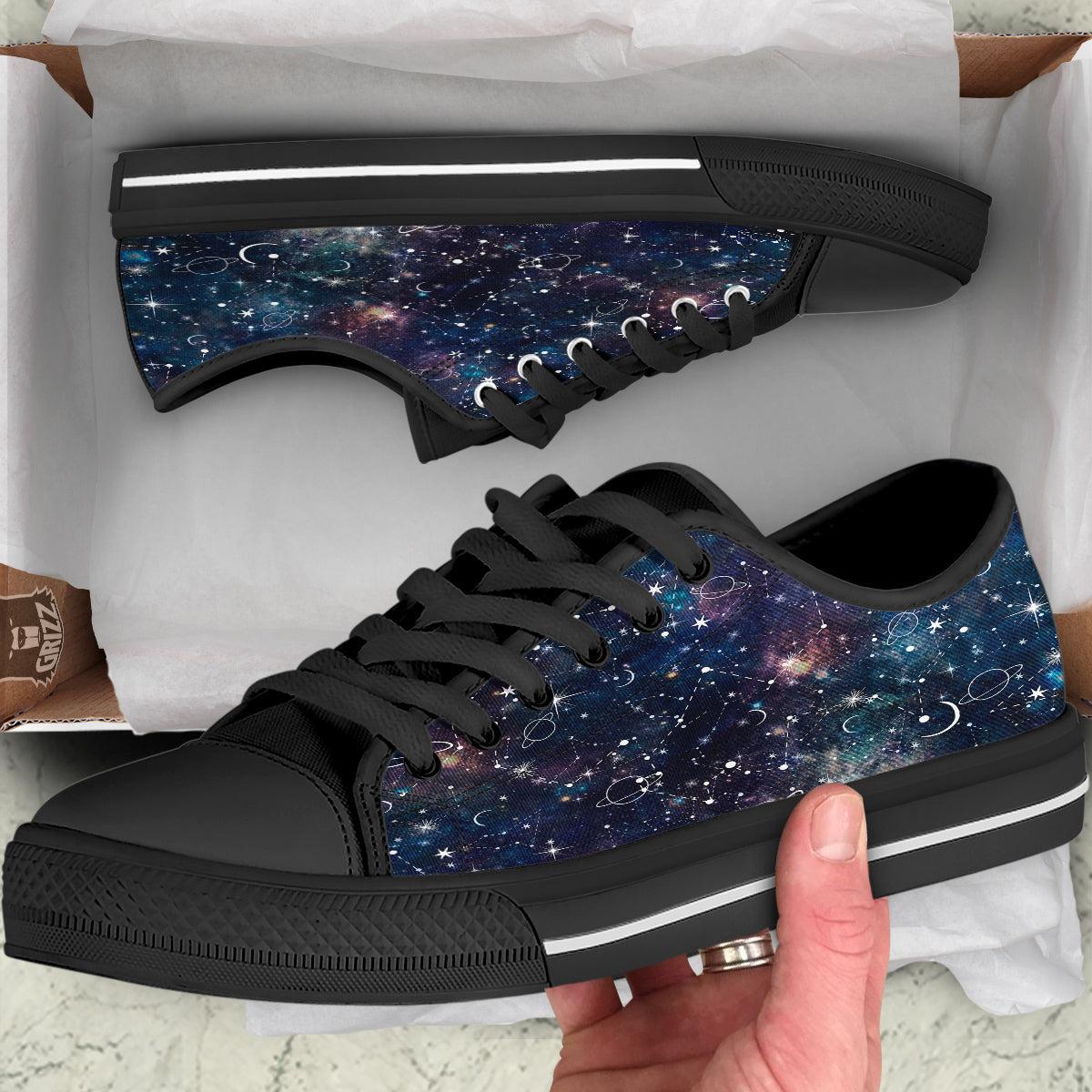 Space Constellation Galaxy Print Black Low Top Shoes-grizzshop