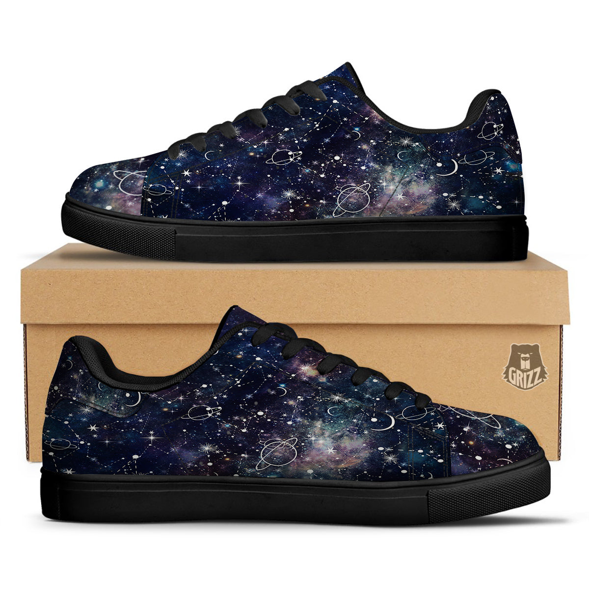 Space Constellation Galaxy Print Black Low Top Sneakers-grizzshop