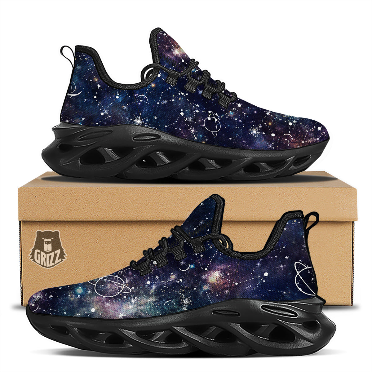 Space Constellation Galaxy Print Black Running Shoes-grizzshop