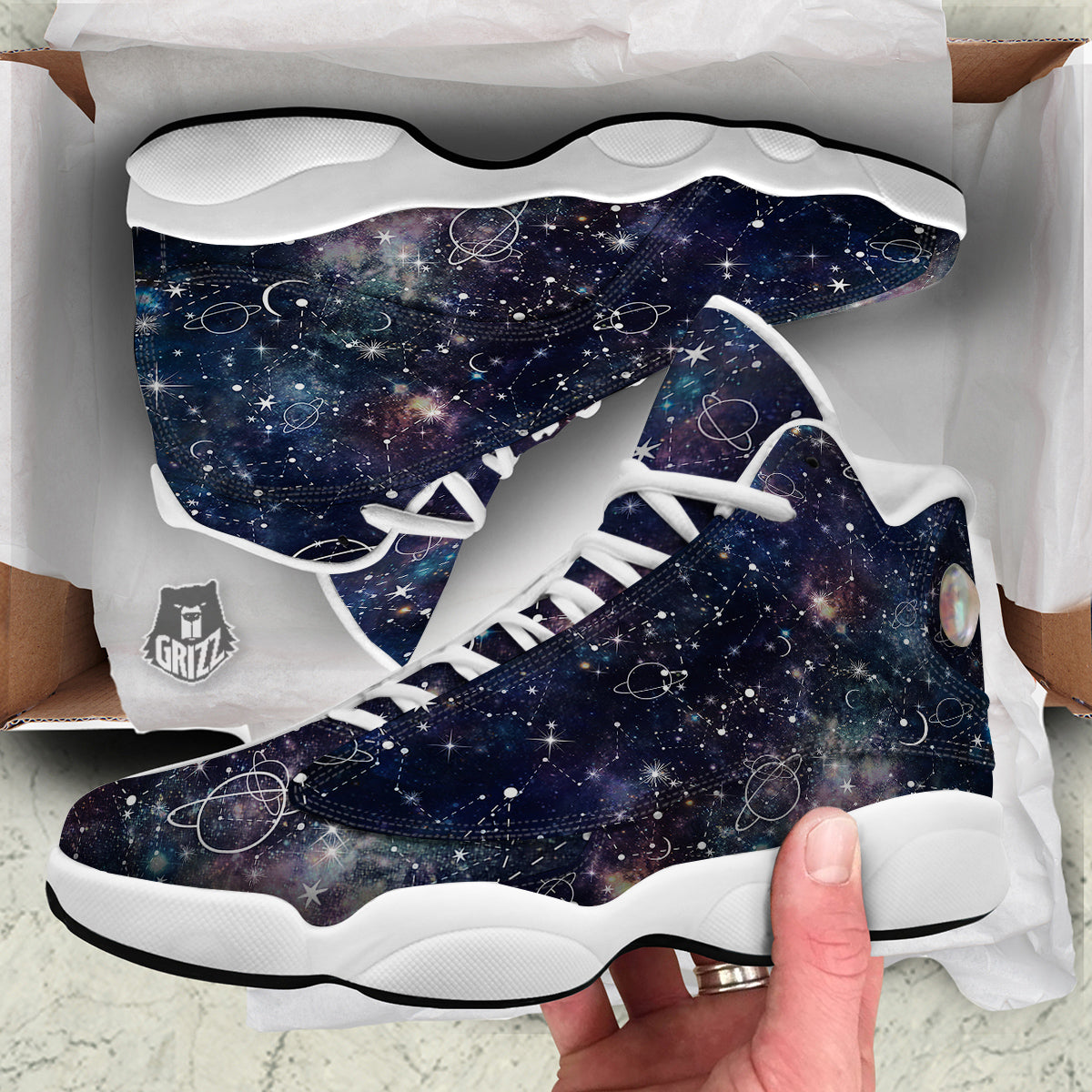 Space Constellation Galaxy Print White Basketball Shoes-grizzshop
