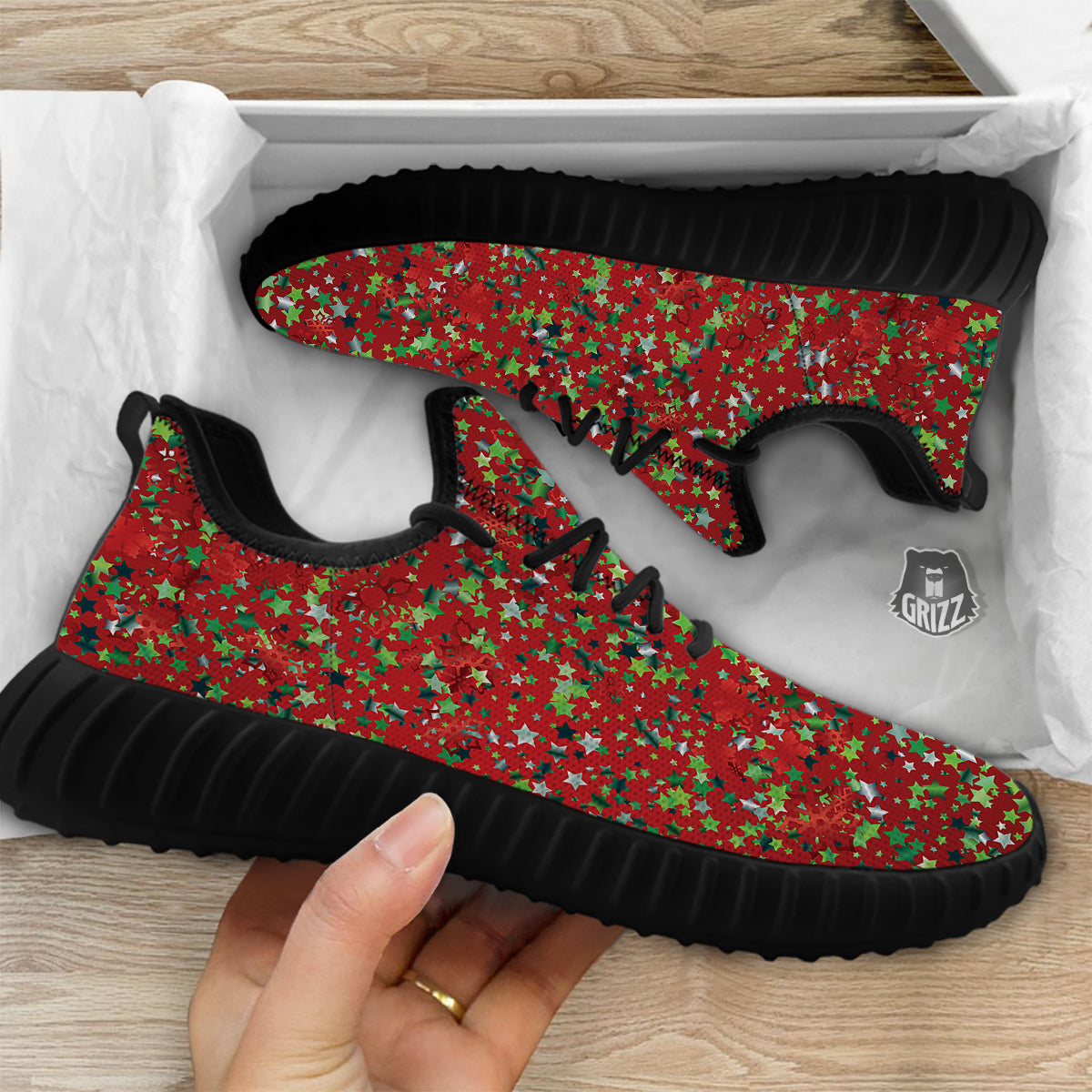 Sparkle Christmas Print Black Walking Shoes-grizzshop