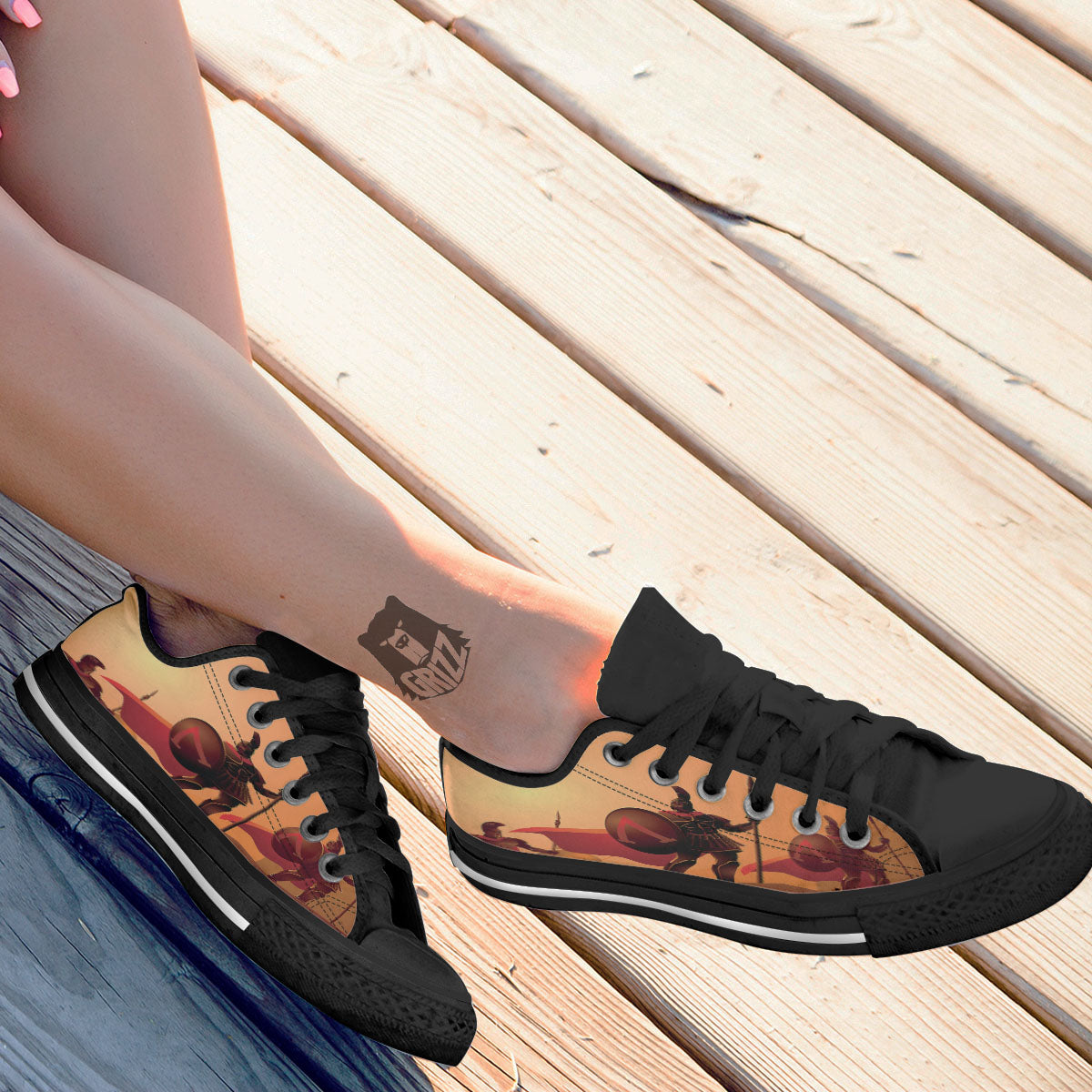 Spartan Ancient Print Black Low Top Shoes-grizzshop