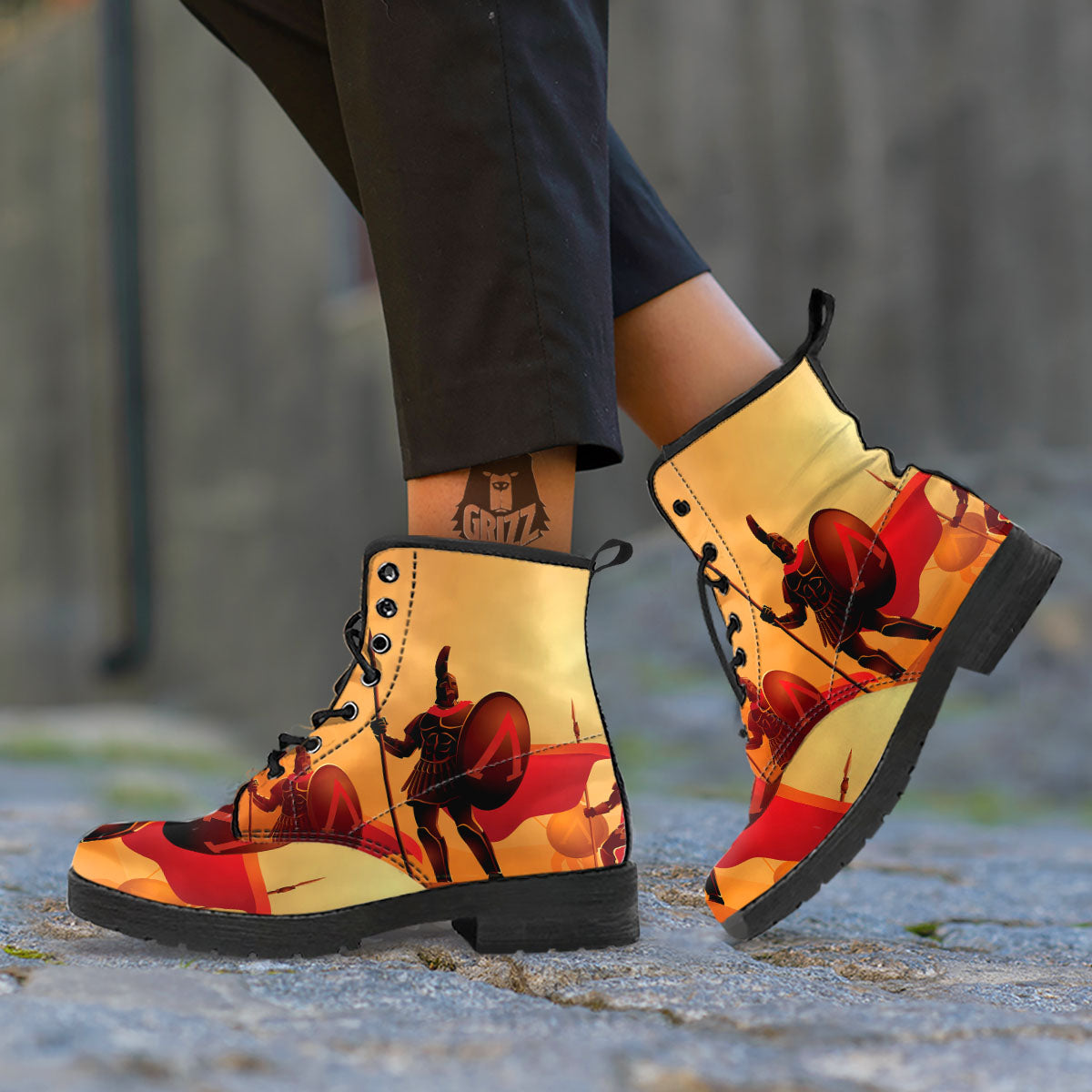 Spartan Ancient Print Leather Boots-grizzshop