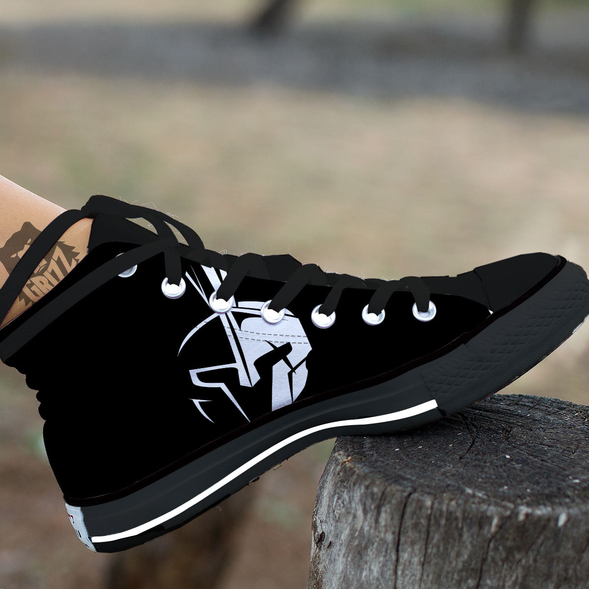 Spartan Helmet White And Black Print Black High Top Shoes-grizzshop