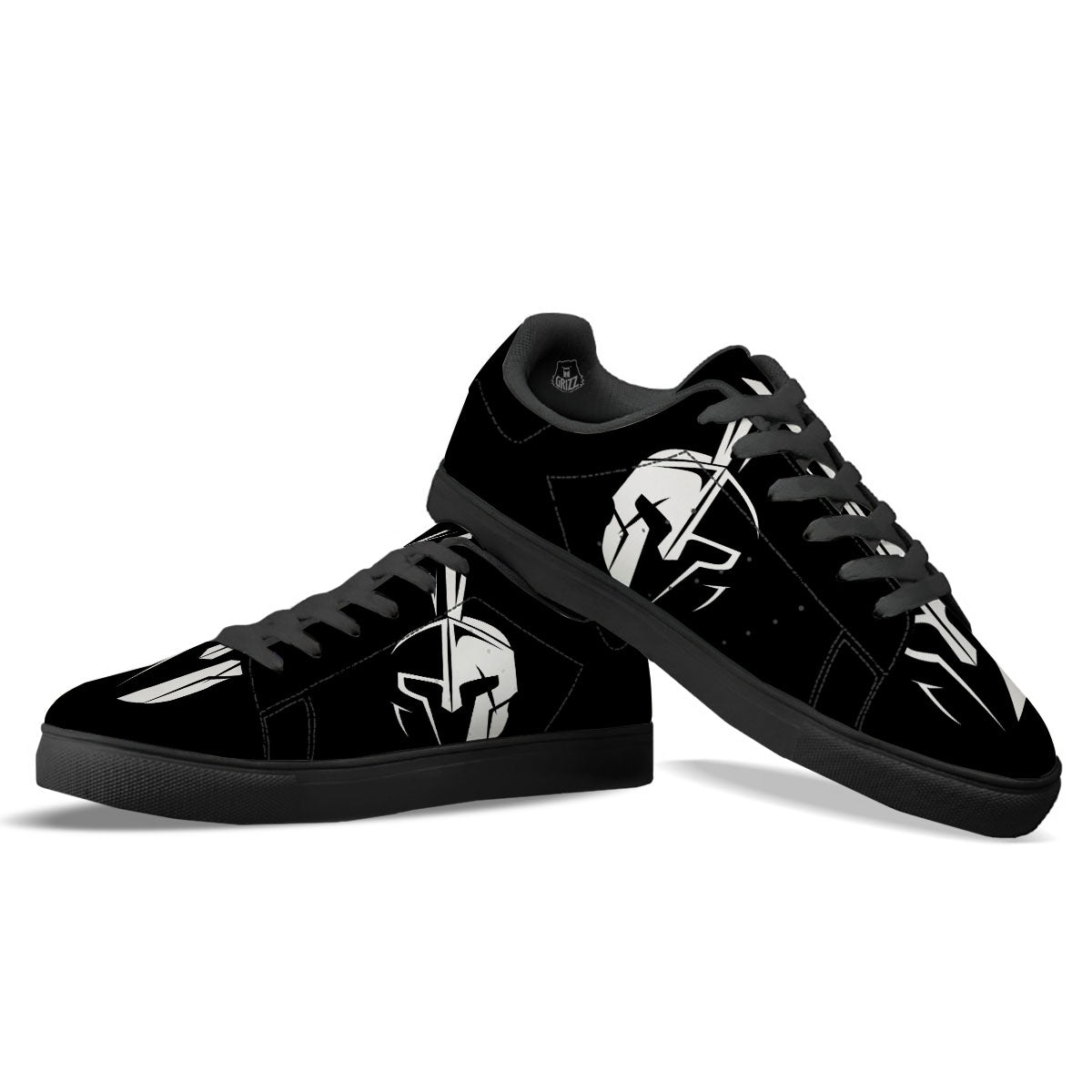 Spartan Helmet White And Black Print Black Low Top Sneakers-grizzshop