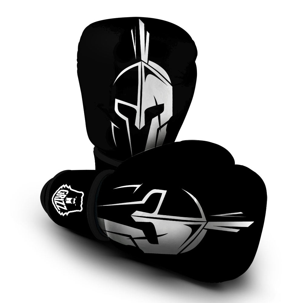 Spartan Helmet White And Black Print Boxing Gloves-grizzshop