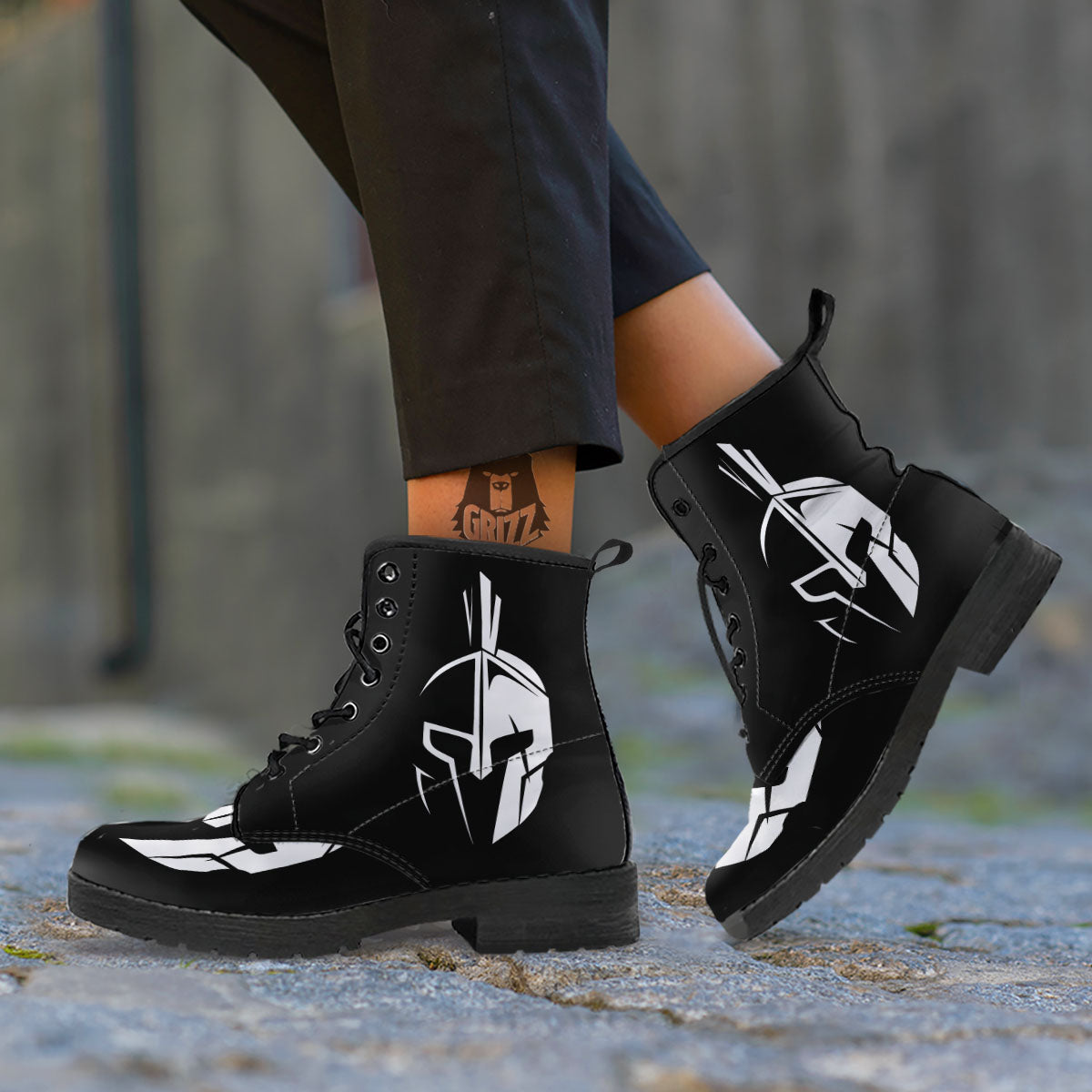 Spartan Helmet White And Black Print Leather Boots-grizzshop