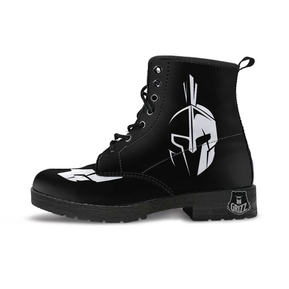 Spartan Helmet White And Black Print Leather Boots-grizzshop