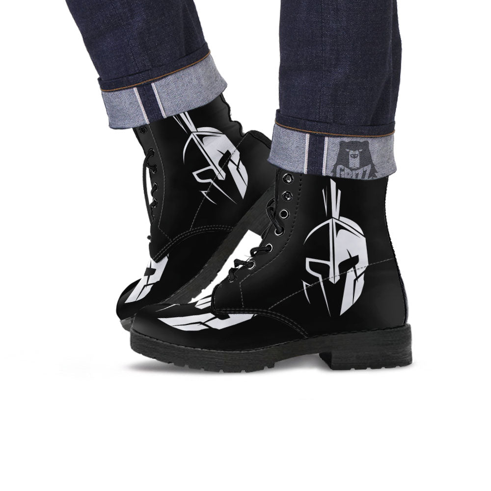 Spartan Helmet White And Black Print Leather Boots-grizzshop
