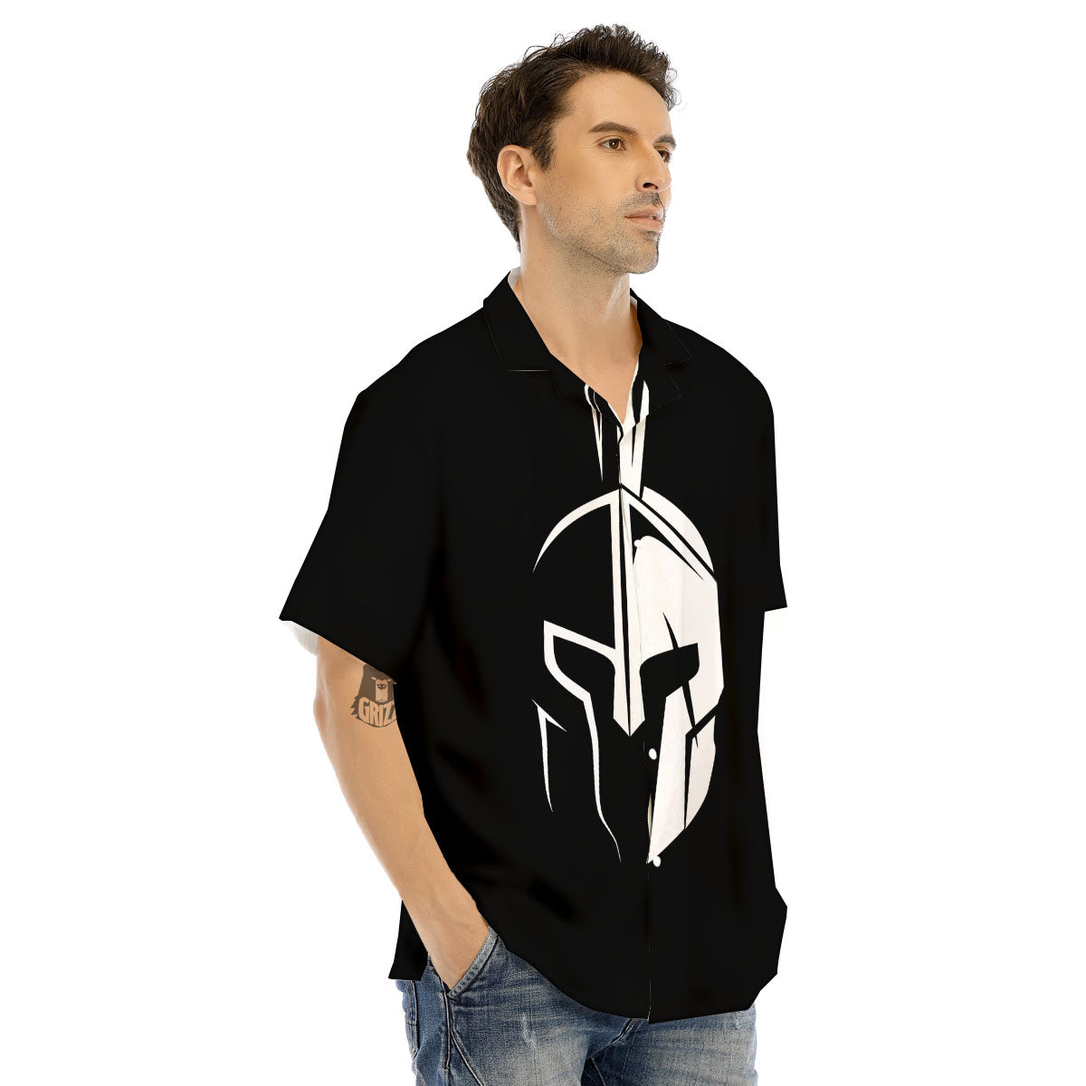 Spartan Helmet White And Black Print Men's Hawaiian Shirt-grizzshop