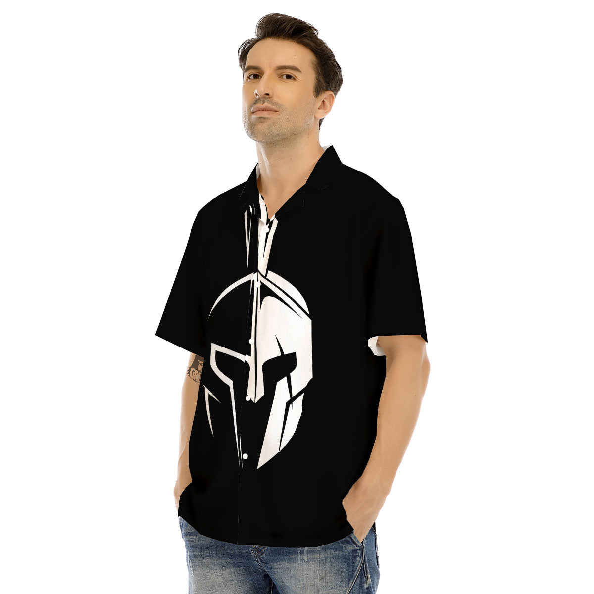 Spartan Helmet White And Black Print Men's Hawaiian Shirt-grizzshop