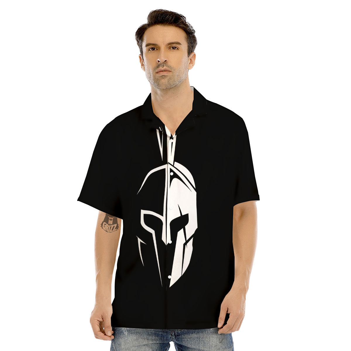 Spartan Helmet White And Black Print Men's Hawaiian Shirt-grizzshop