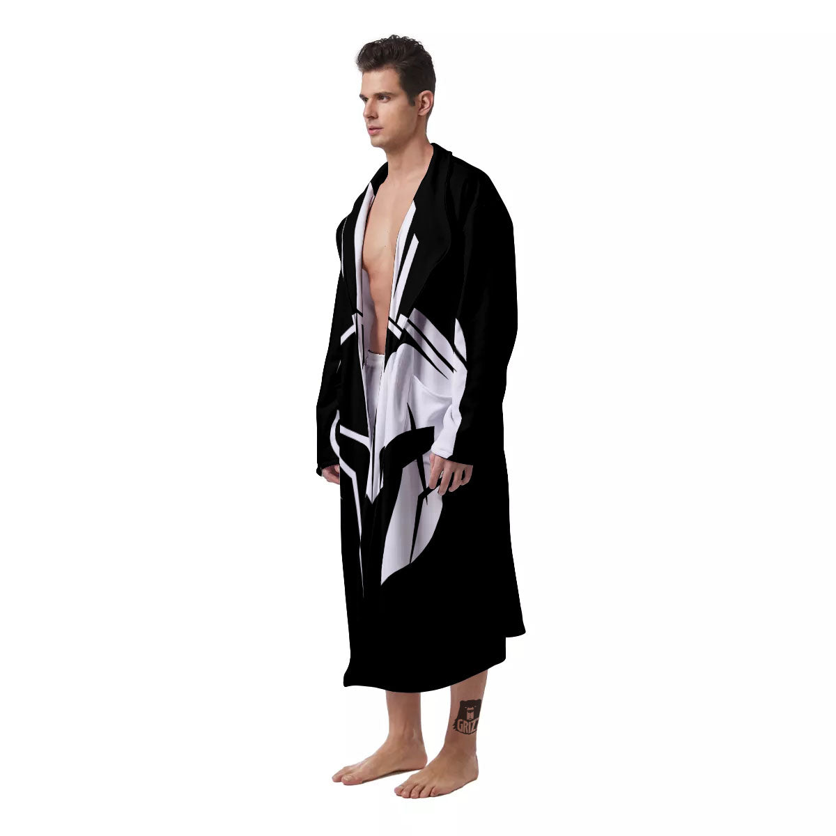 Spartan Helmet White And Black Print Men's Robe-grizzshop
