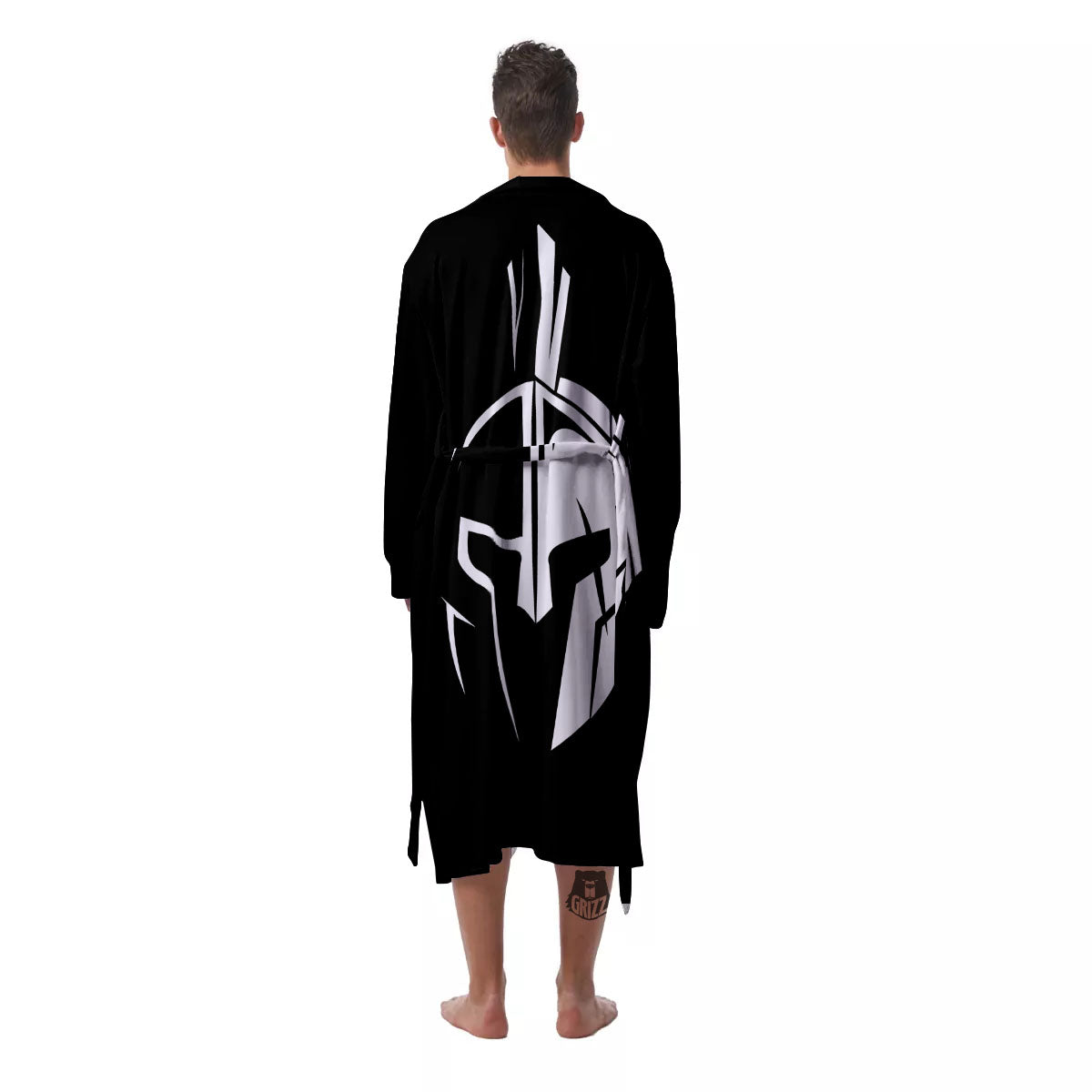 Spartan Helmet White And Black Print Men's Robe-grizzshop