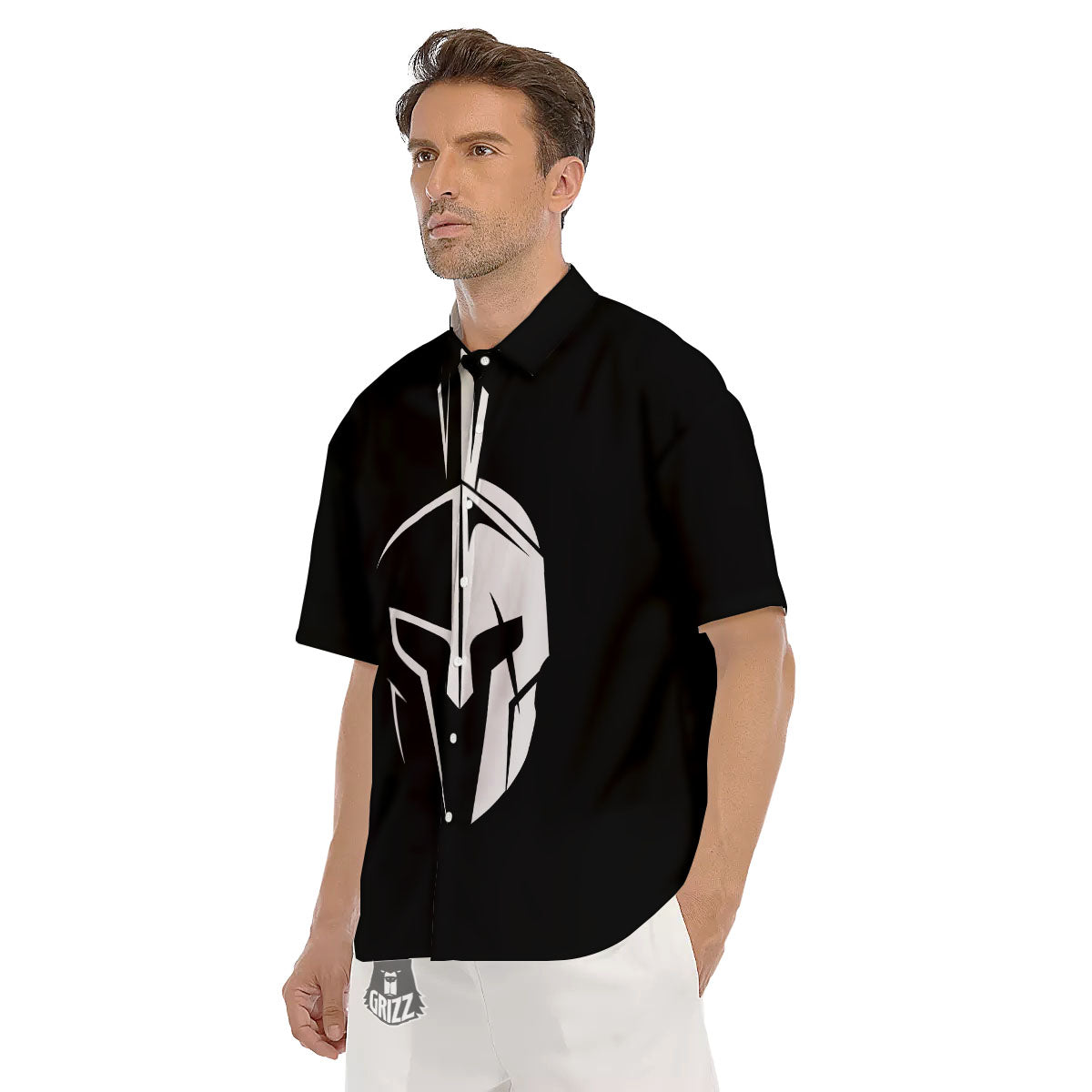 Spartan Helmet White And Black Print Men's Short Sleeve Shirts-grizzshop
