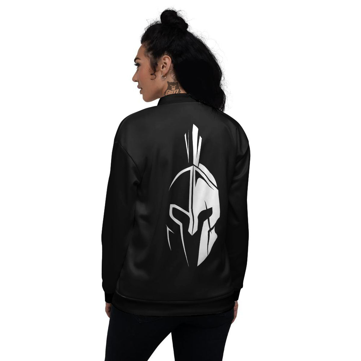 Spartan Helmet White And Black Print Women's Bomber Jacket-grizzshop